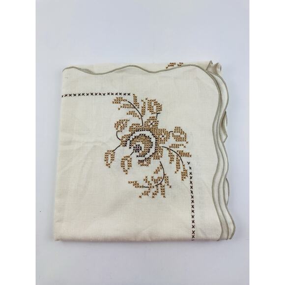 VTG Tablecloth Hand Embroidered CROSS STITCH Cream Brown Floral Neutral Taupe Es - Picture 15 of 16